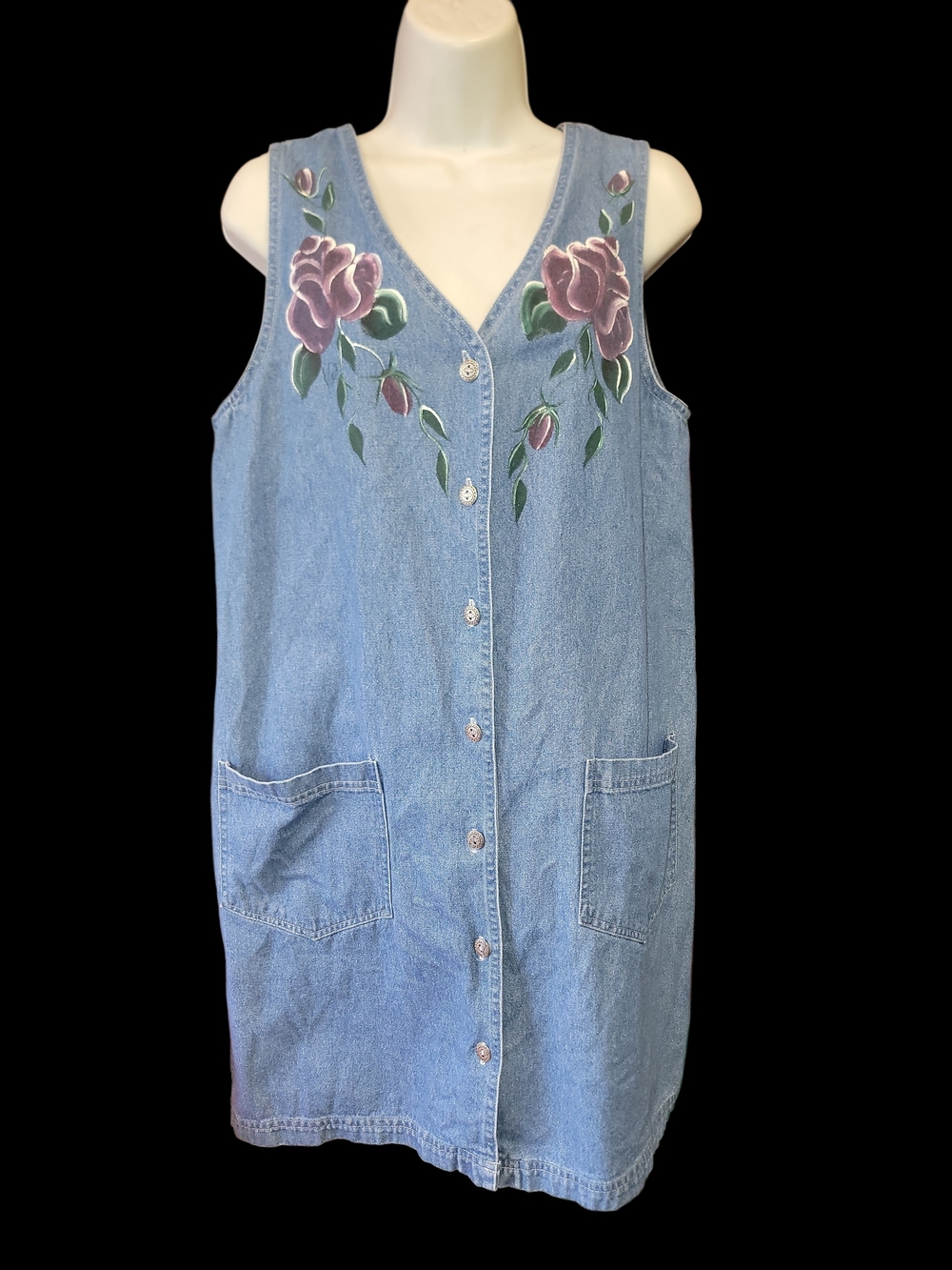 Torpedo Denim Button-Front Tank Dress with Rose Paint - Blue Sz S